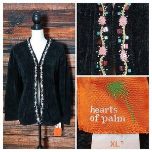NWT Hearts Of Palm Cardigan Sweater XL Black Chenille Beaded Embroidered
